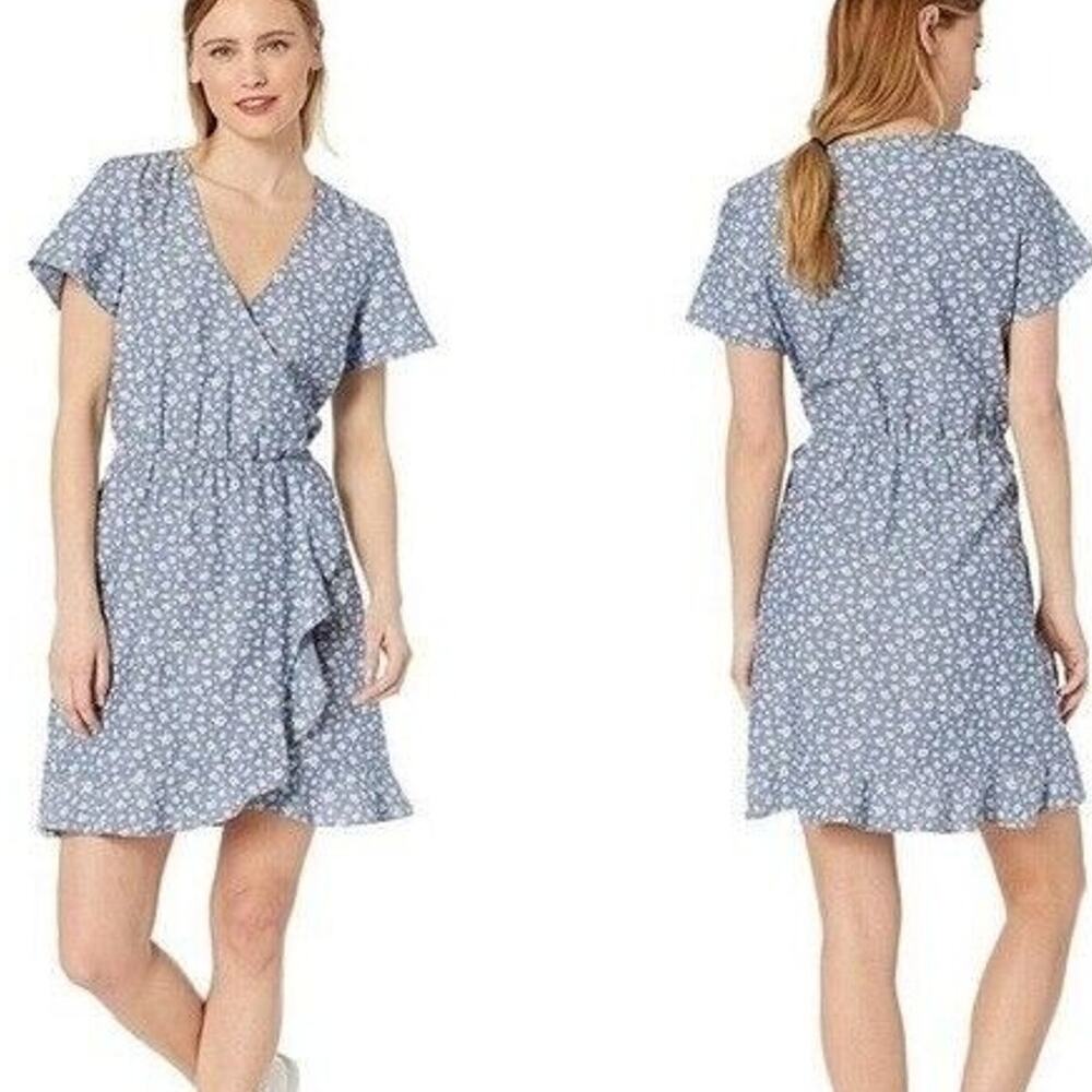 J. Crew Womens Floral Chambray Surplice Mini Dress Size S Ruffle Hem Preppy Tie